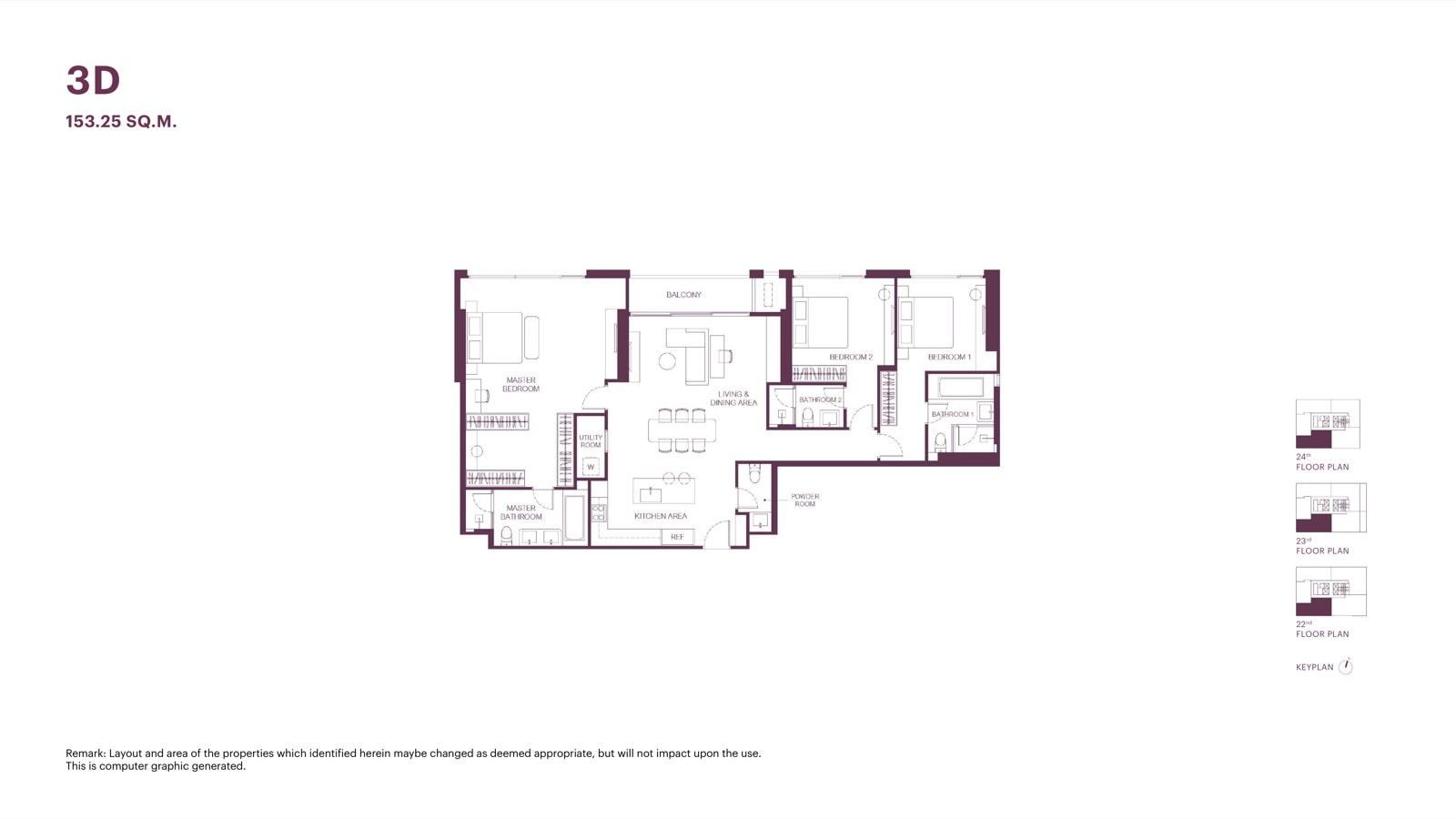 The developer's unit layout drawing for the 153.25 sqm three-bedroom, type 3D at The Monument Sathon