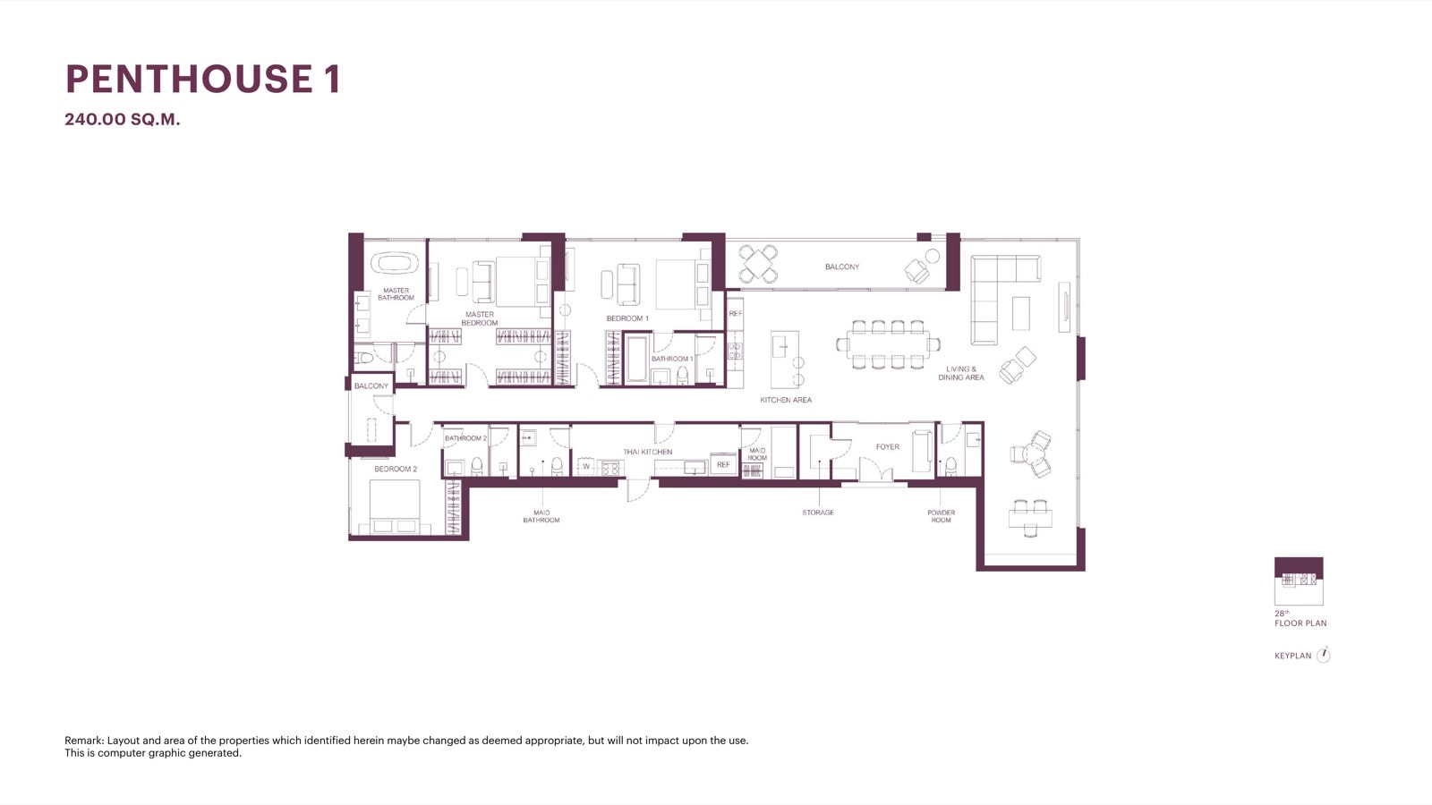 开发商提供的 The Monument Sathon 单位户型图:240平方米 Penthouse 1