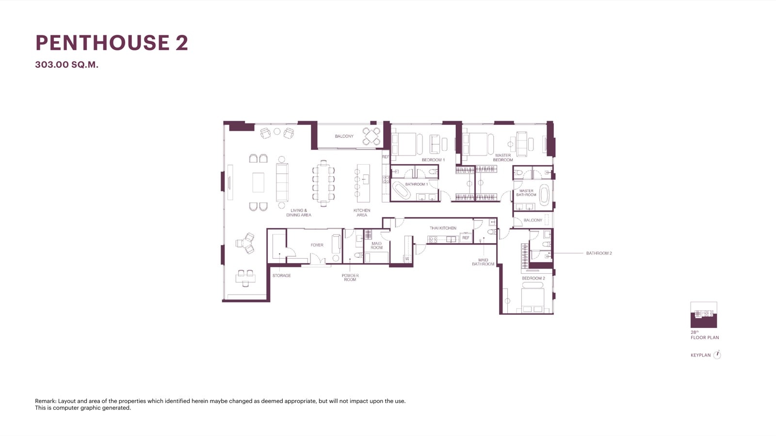 开发商提供的 The Monument Sathon 单位户型图:303平方米 Penthouse 2