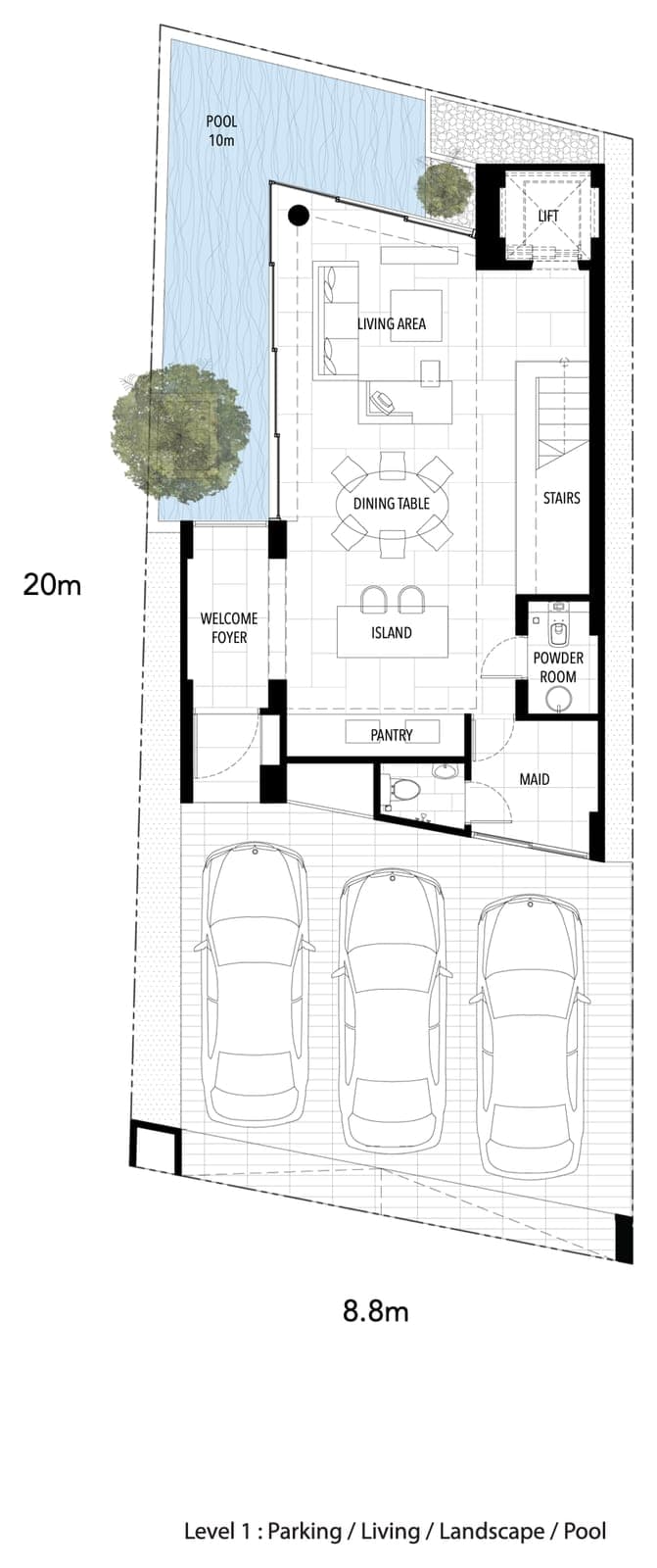 Type A floor plan, level 1 (parking, living and dining, garden and pool), at The Residenti Ekkamai, Bangkok