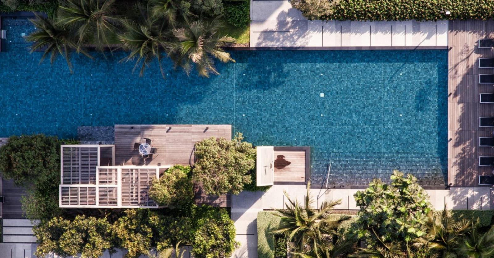 The River: aerial view of the swimming pool and garden deck