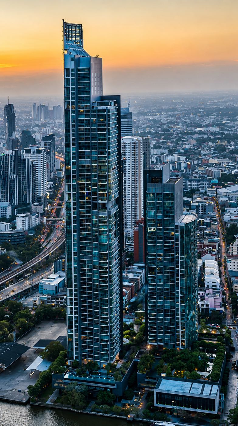 The River: the two riverside towers rising above the Chao Phraya River and the Bangkok skyline at sunset, by Raimon Land