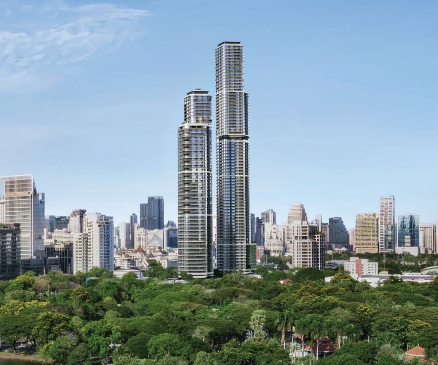 The Wireless Residences by Upper House, the taller of the two freehold branded-residence towers rising above Lumphini Park on Wireless Road, designed by Foster + Partners