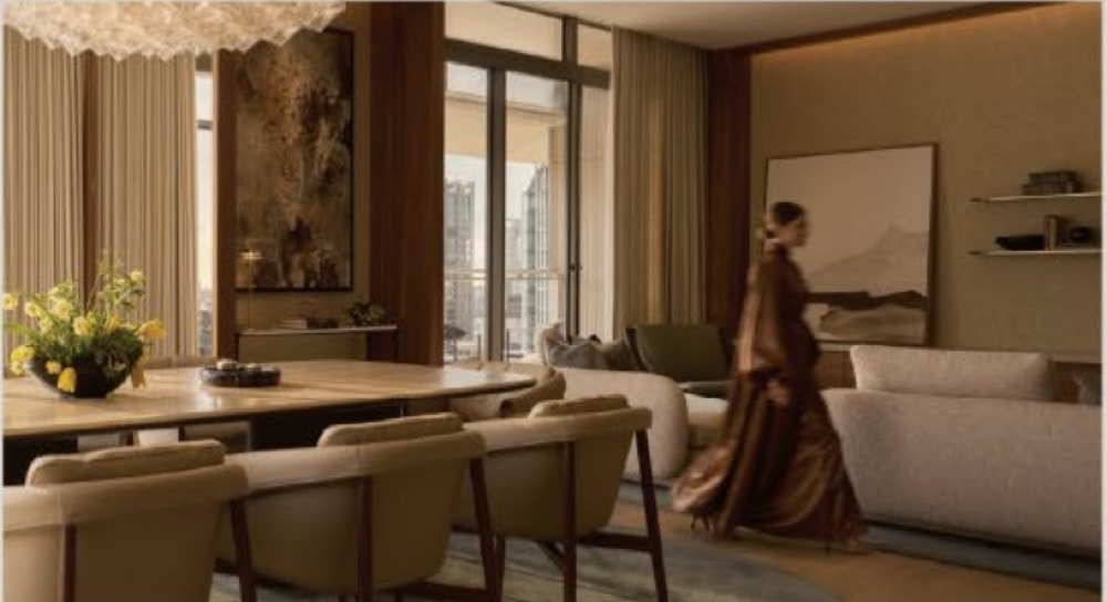 Dining and living space in an Upper House Residences Bangkok residence with warm natural materials and park views