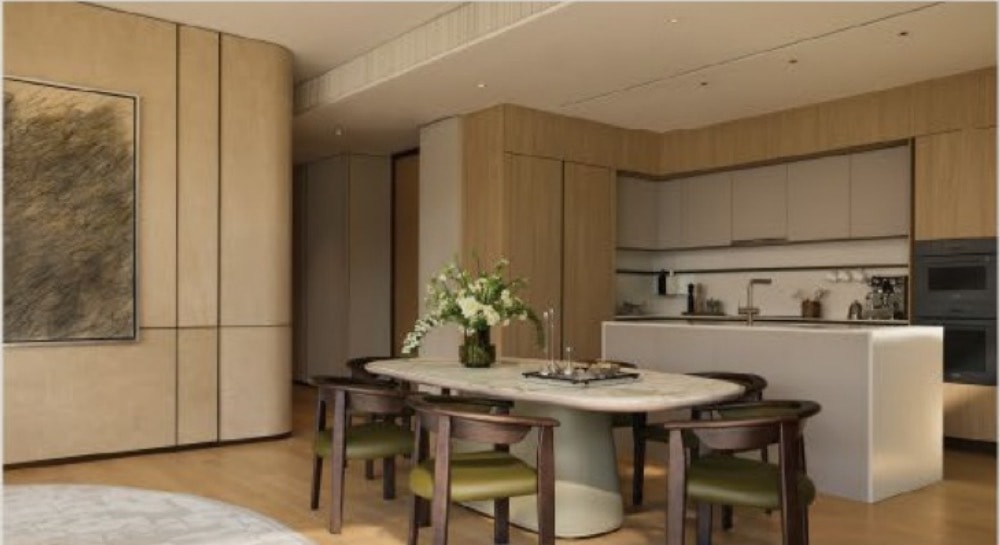 Kitchen in an Upper House Residences residence with timber joinery and a stone island