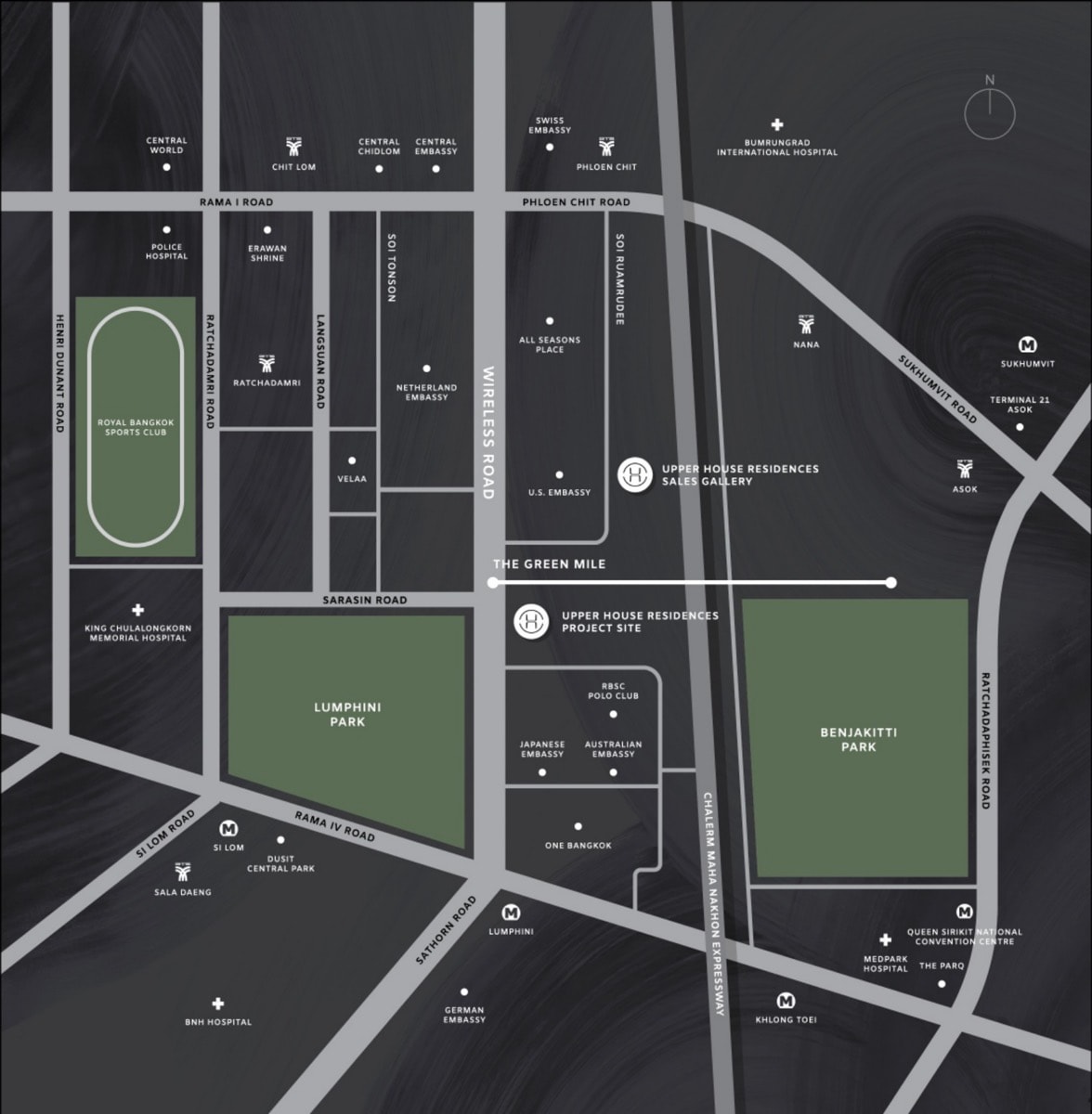 The developer's location map for Upper House Residences Bangkok, labelling the Netherland Embassy plot between Soi Tonson and Wireless Road and the Upper House project site across Wireless Road at the Sarasin Road corner, with Lumphini Park, Langsuan Road, Central Embassy and One Bangkok