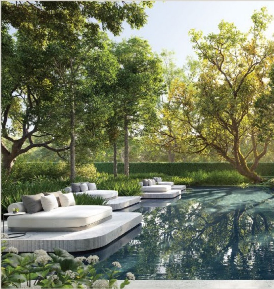Garden swimming pool among mature trees at Upper House Residences Bangkok