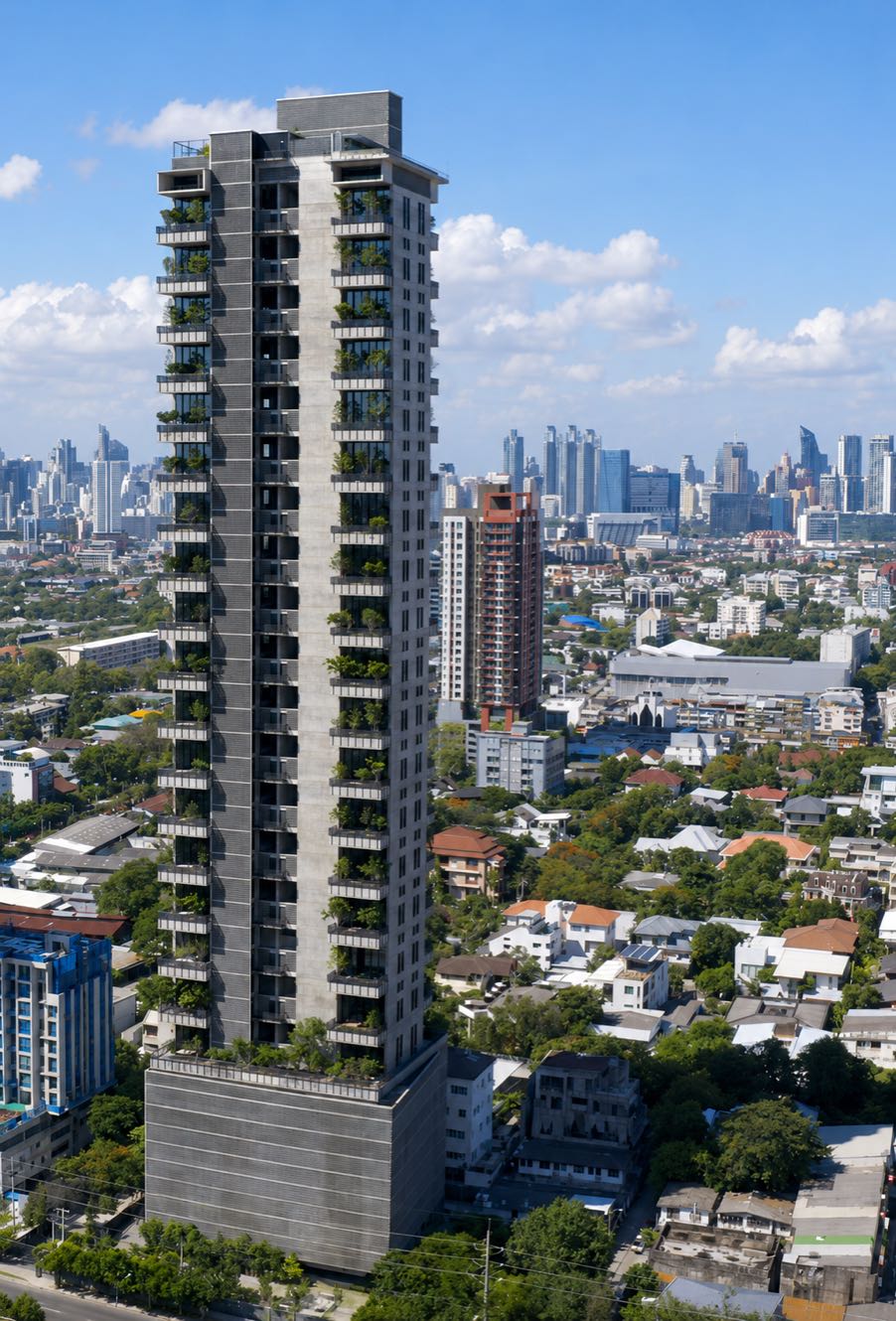 Windshell Naradhiwas: the full tower rising over the Sathorn low-rise district, its balconies planted with trees, the Bangkok skyline beyond