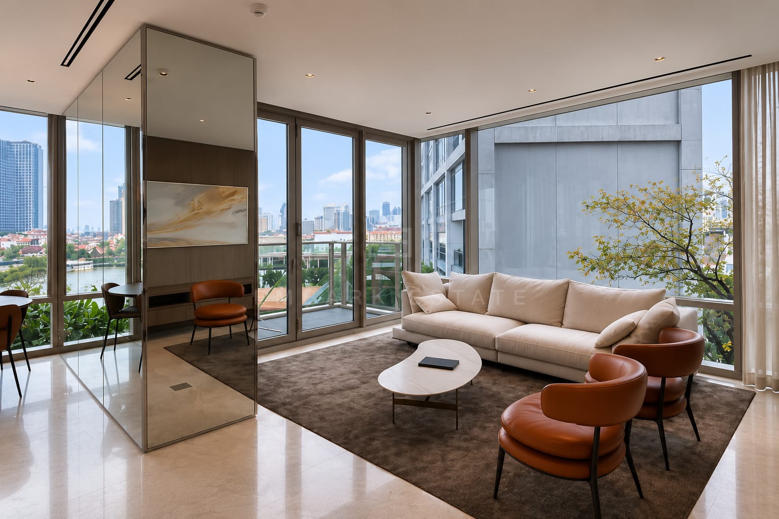 The living room at Four Seasons Private Residences, tan leather armchairs and a marble table on a rug with sliding glass onto the balcony