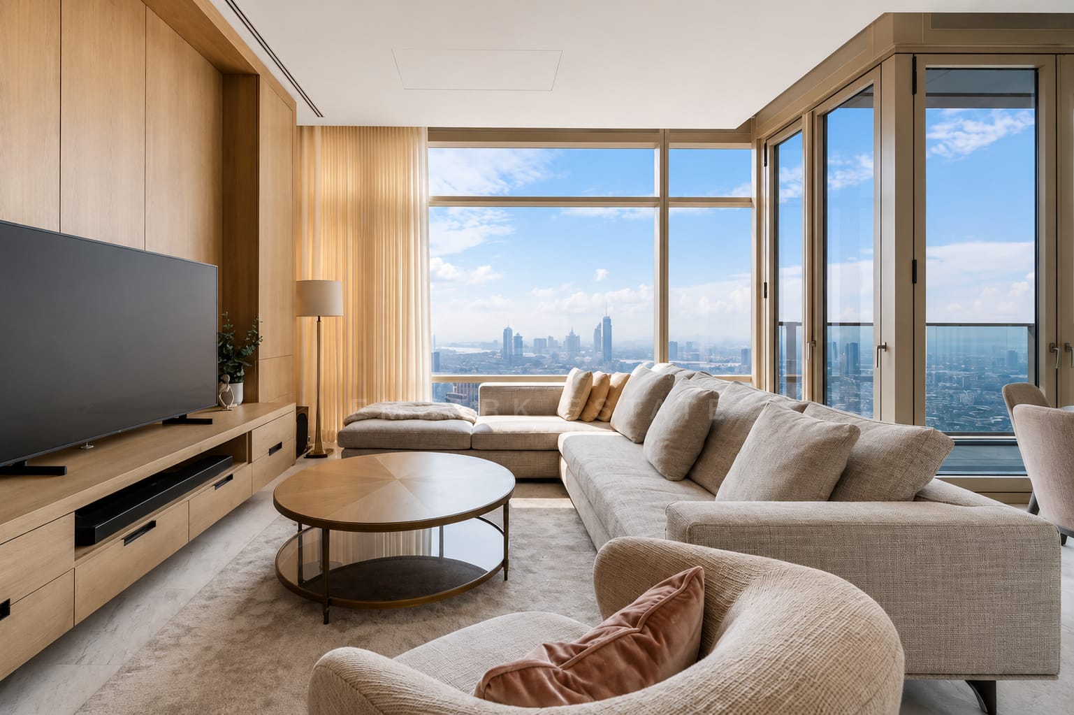The living room of the 125 square metre residence at Four Seasons Private Residences, a large sectional on a wool rug facing the oak media wall with corner glazing over the city