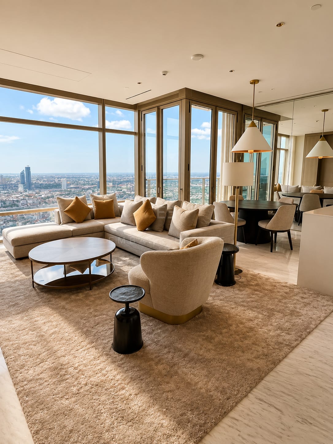 The living and dining room at Four Seasons Private Residences, the sectional and armchairs on a deep rug with the dining table under its pendants beyond