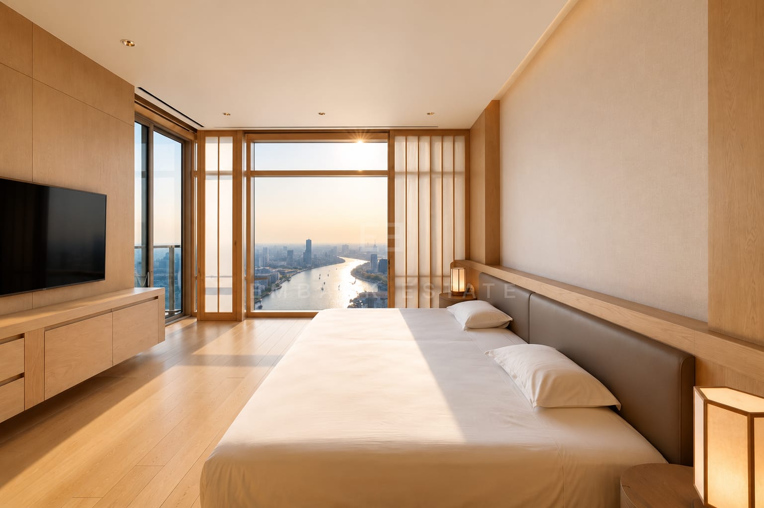 A bedroom of the 379 square metre residence at Four Seasons Private Residences, a low bed on timber with shoji screens and the Chao Phraya bending away at sunset