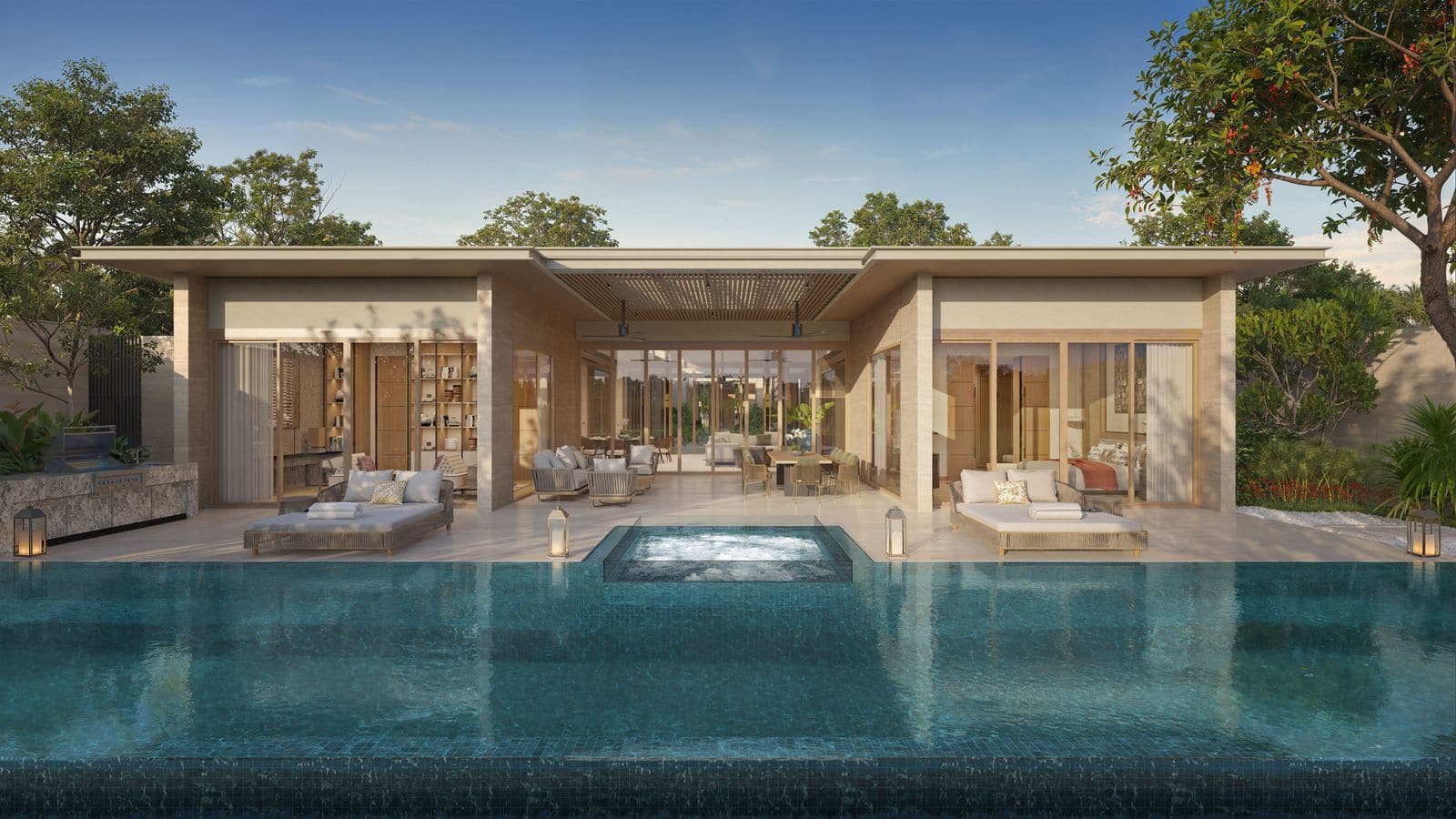 Render of a larger villa at Banyan Tree Lake Residences Yara: the pool with a jacuzzi set in its middle, loungers and the glazed living rooms