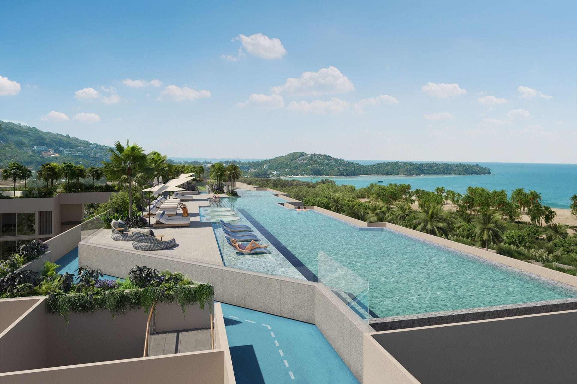 Render of the long rooftop infinity pool of Laguna Beach Residences Reef, with sunbeds, the sea and the headland beyond