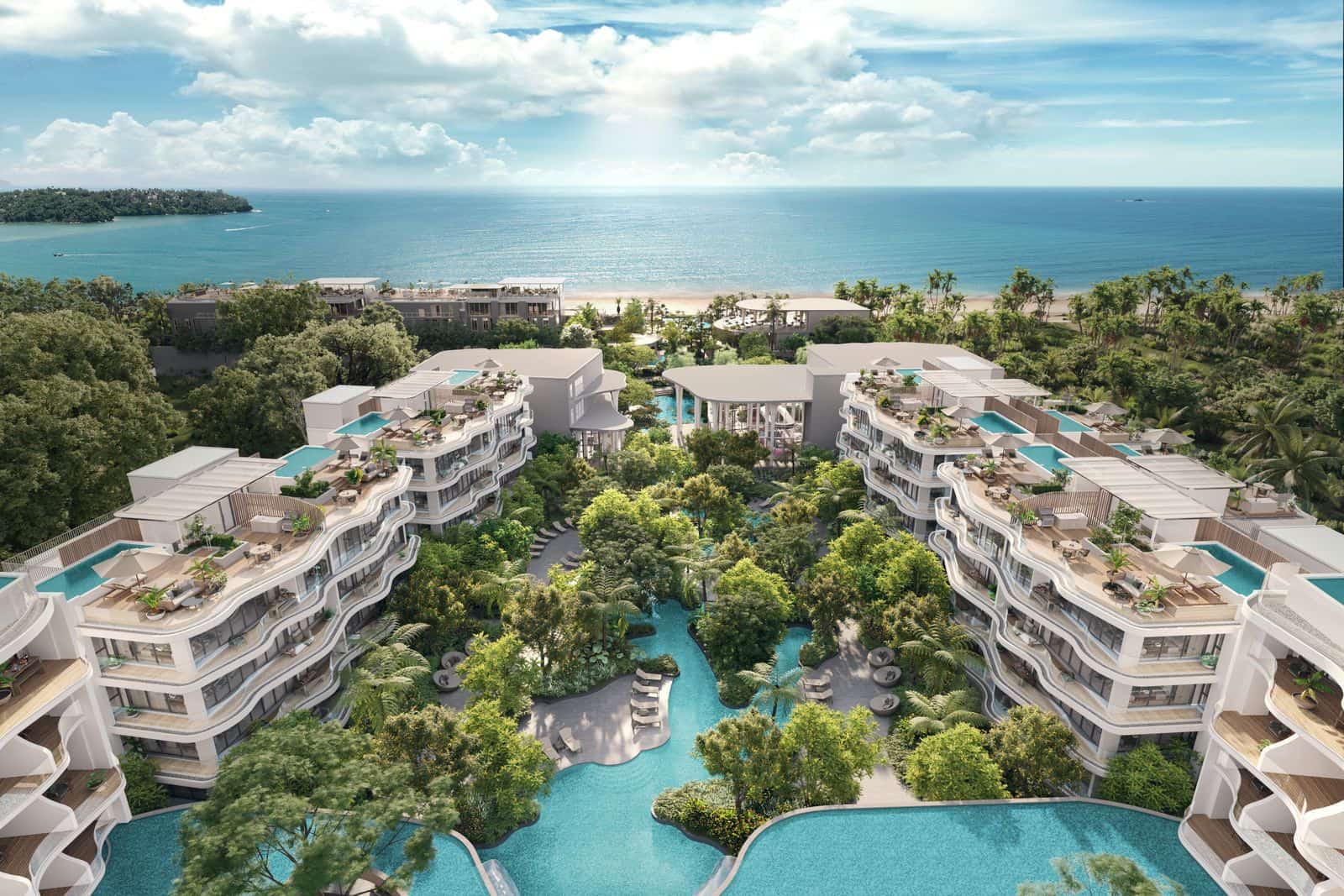 Computer-generated aerial view along the lagoon pool of Residences at Garrya Phuket toward Bang Tao Beach, the penthouse roofs with their pools on either side