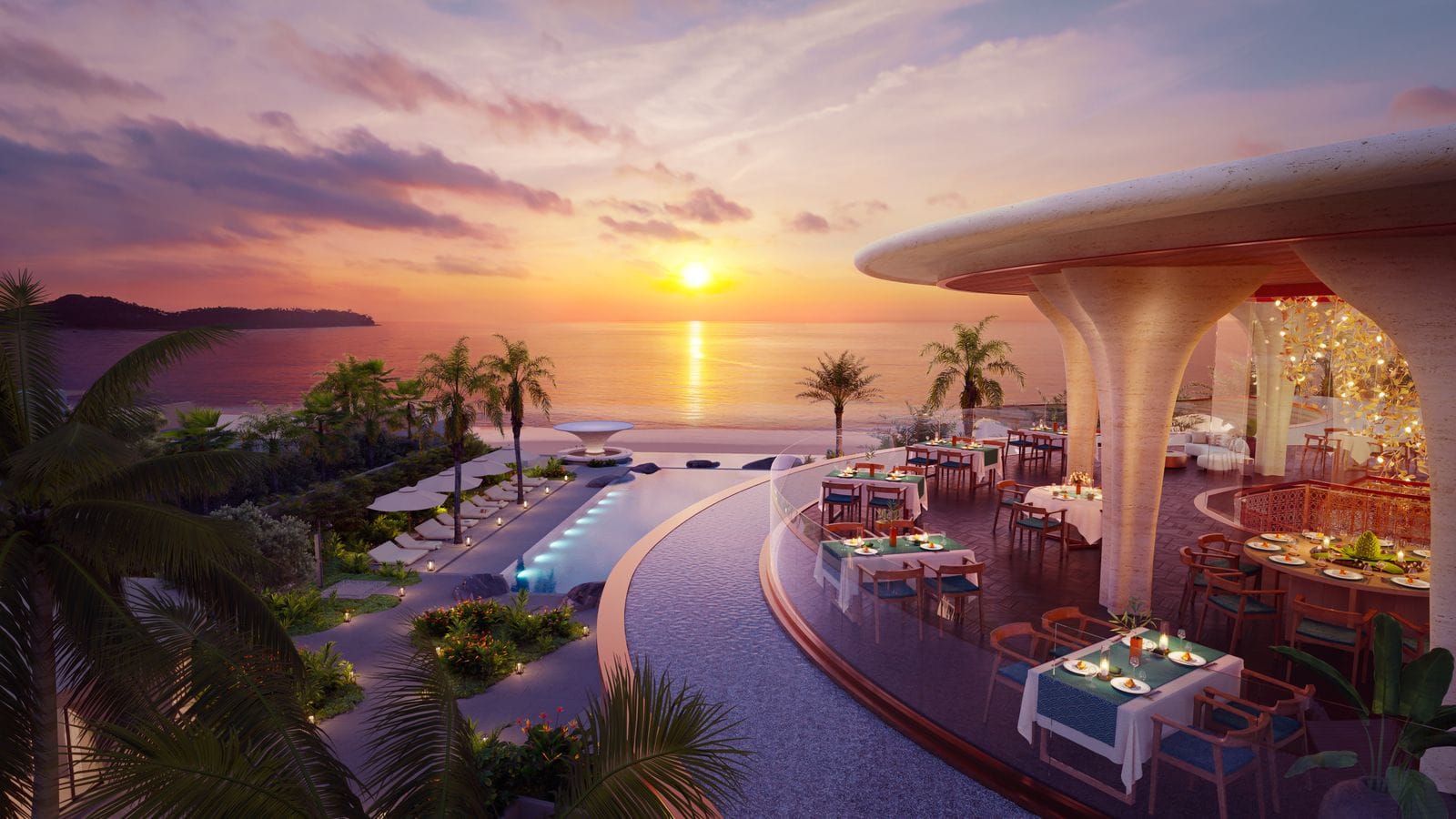 Computer-generated render of the beach club of the Garrya resort at sunset, tables on a terrace above an infinity pool facing the Andaman Sea