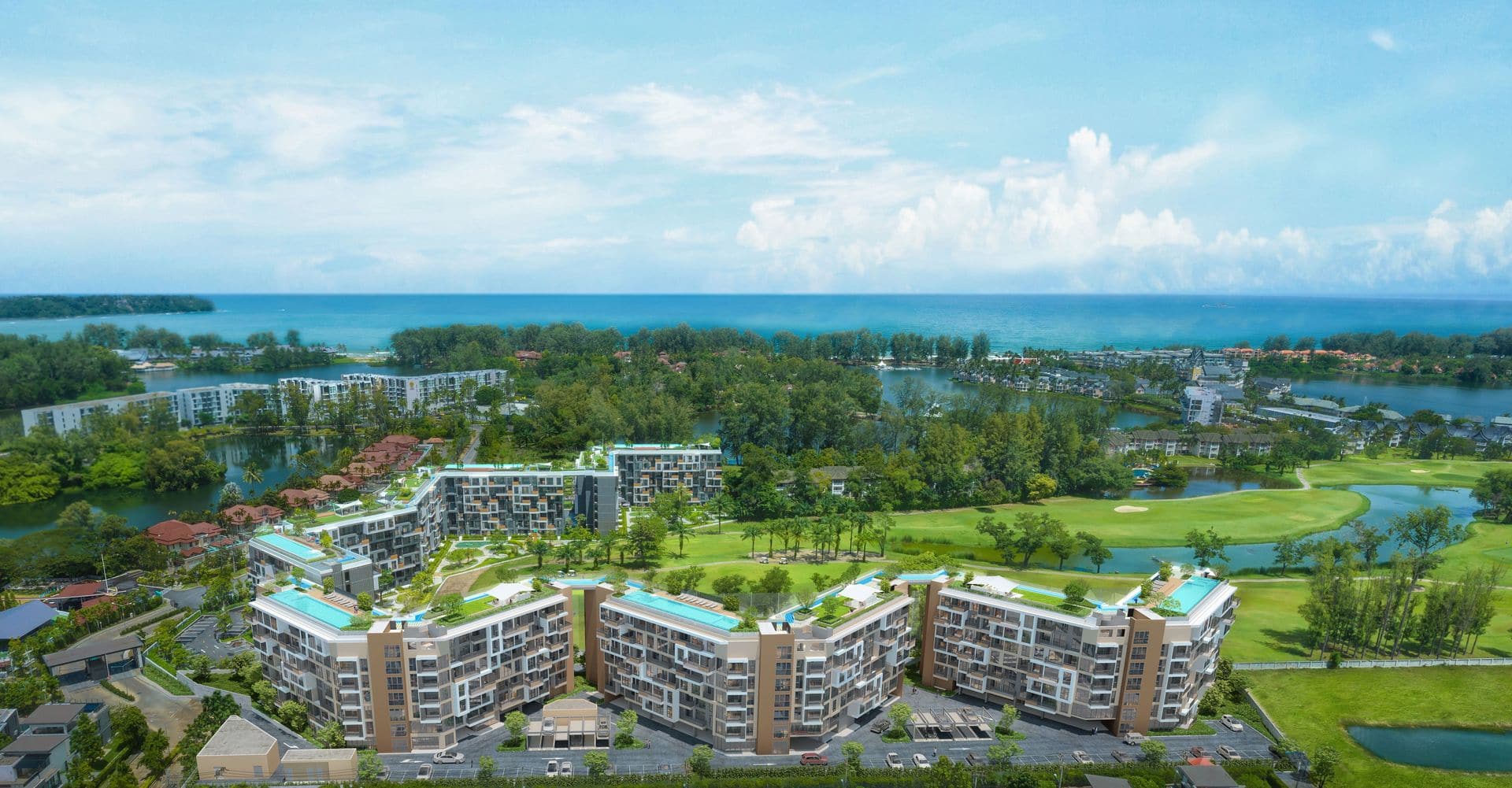 Render over a drone photograph of Skypark Celeste Laguna Phuket: the three V-shaped blocks with their rooftop pools beside Laguna Golf Phuket, the lagoons and the sea beyond