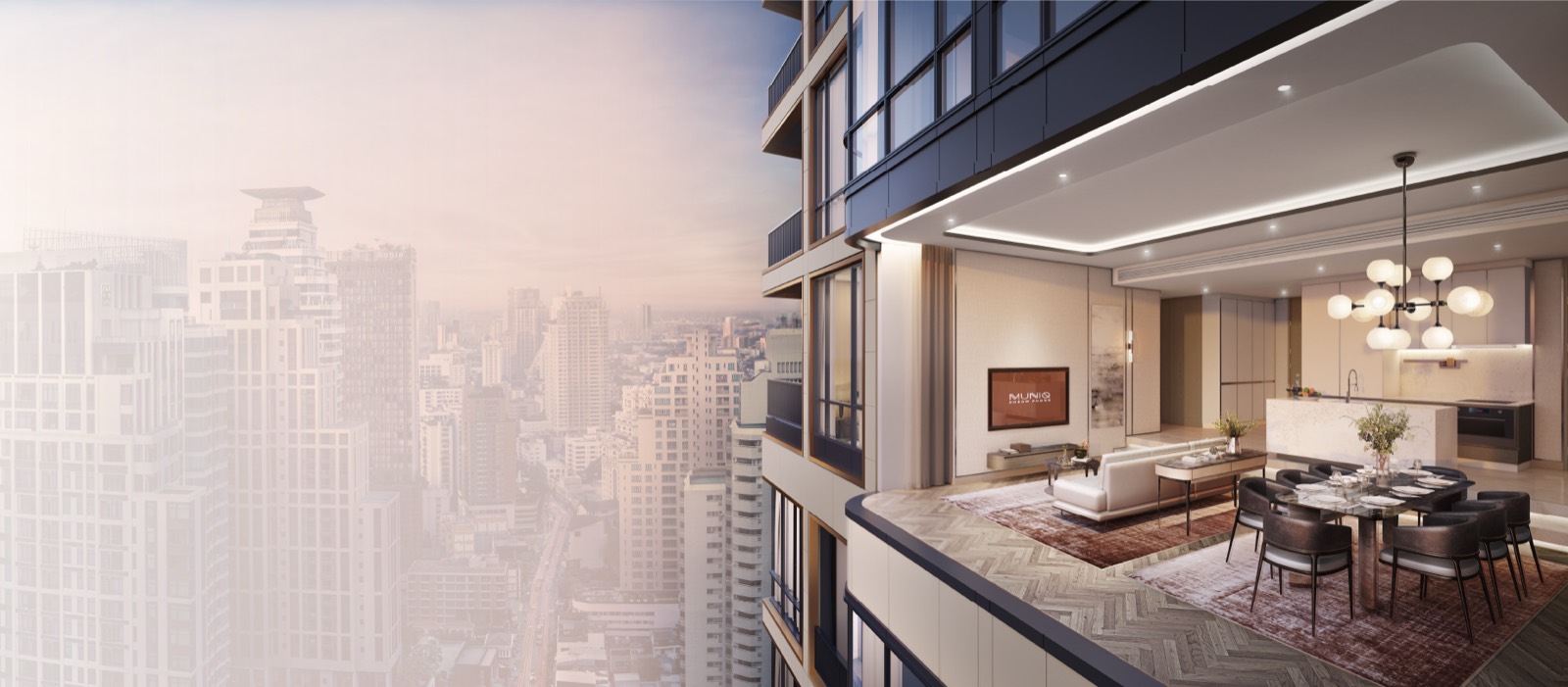 MUNIQ Phrom Phong: Cutaway showing a residence living and dining room with floor-to-ceiling city view