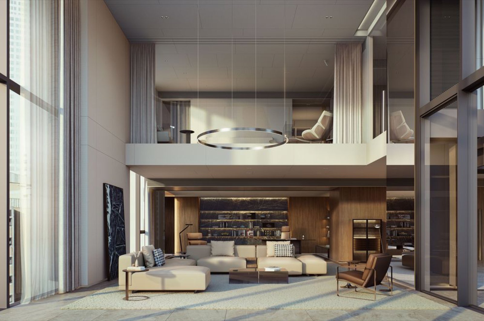 Porsche Design Tower Bangkok: Double-height duplex living room inside a residence, with a circular pendant chandelier, mezzanine above, sculptural marble feature wall, and full-height windows
