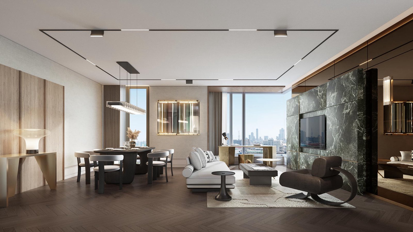 The Residences 38: Two-bedroom residence living and dining room with green marble TV wall, herringbone floor and city view