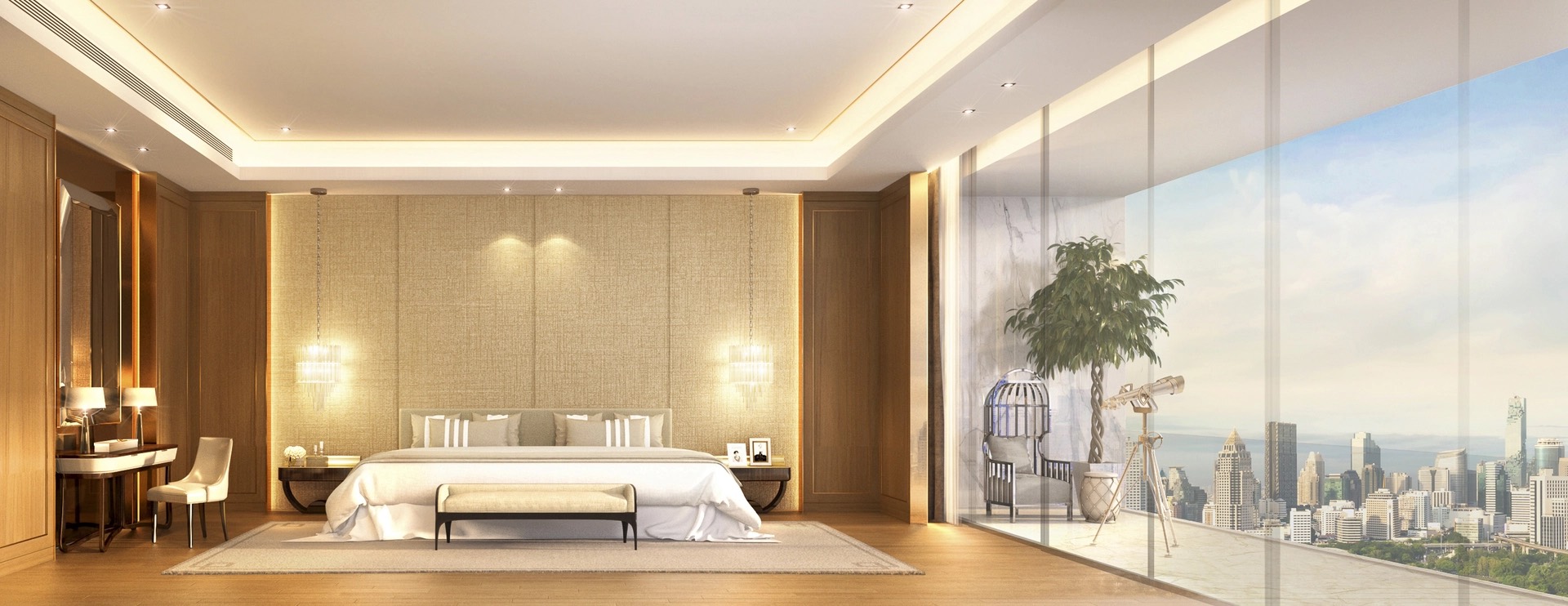 Penthouse living room with a panoramic park and city view at The Residences at Sindhorn Kempinski Hotel Bangkok