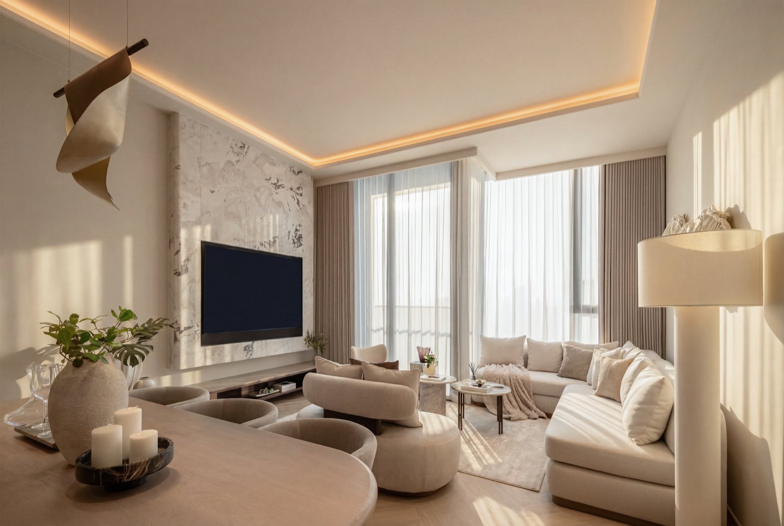 Photograph of the living room in the STILL Sukhumvit 20 show suite, the 134 sqm three-bedroom layout